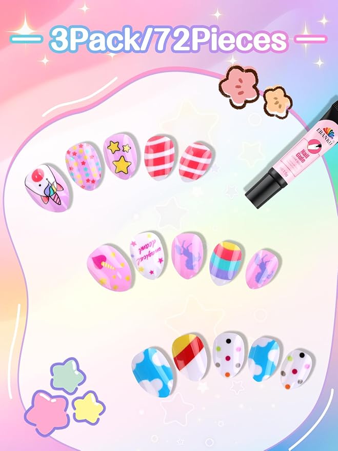 EBANKU Kid Press on Nails, 72Pcs Almond Fake Nails Kit Full Cover Colorful Cute Patterns Design Acrylic Nails with Nail Glue for Girl Home Party
