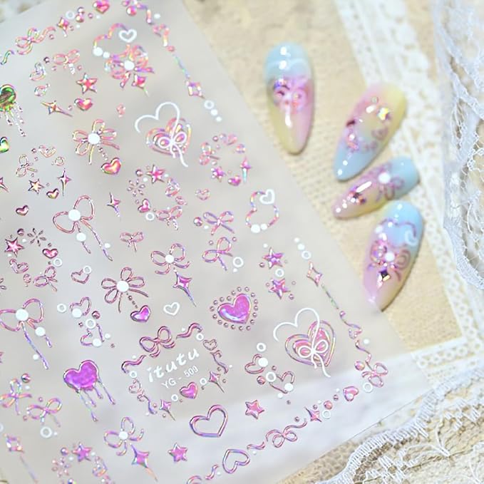 5D Embossed Pink Nail Stickers for Nail Art Self-Adhesive Valentines Day Nail Art Stickers 3D Laser Bow Love Star Designs Heart Nails Art Supplies Cute Nail Decals for Women Manicure Decorations DIY