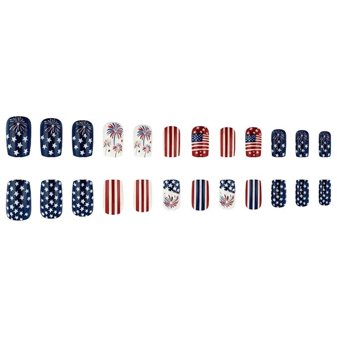4th of July Press on Nails Medium Square Flag Fake Nails False Nails with Designs Stars Fireworks Full Cover Glossy Glue on Nails Blue Red White Acrylic Nails for Women Girls 24 Pcs