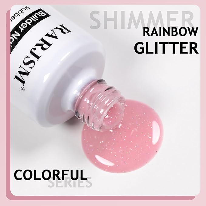 RARJSM Glitter Rubber Base Gel Nail Polish Shimmer Rubber Base for Nails Brush on Quick Extend Builder Hard Gel Soak Off Curing Requires 15ml Salon Home French Manicure(Nude Pink Rainbow)