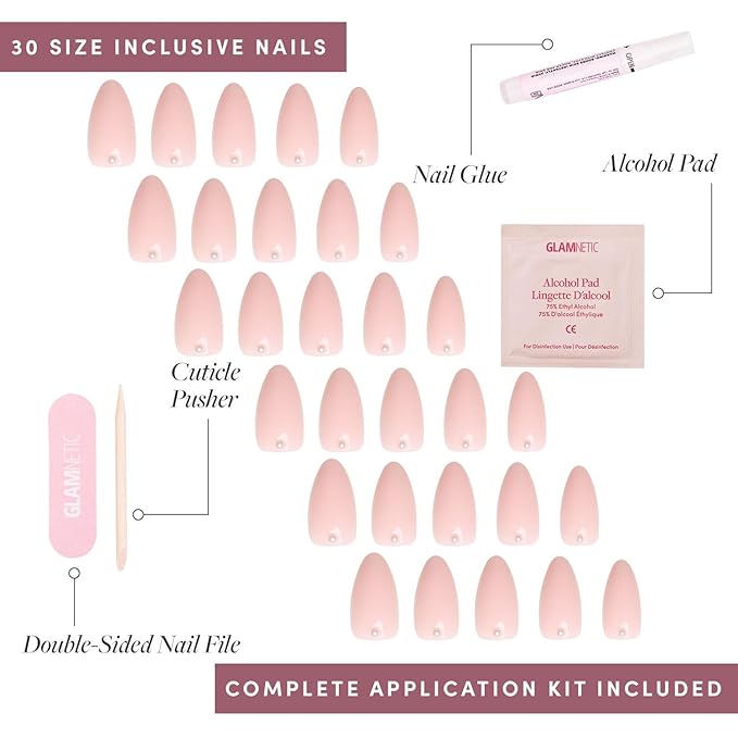 Glamnetic Press On Nails - Wifey | Short Almond Fake Nails, Nude with 3D Nail Art and Glossy Finish, Salon Quality | 15 Sizes - 30 Nail Kit with Glue