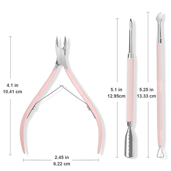 Makartt Cuticle Trimmer with Cuticle Pusher, 3 PCS Pink Nail Cuticle Nipper Professional Pedicure Manicure Tools with Stainless Steel Dual End Pusher, Nail Scraper
