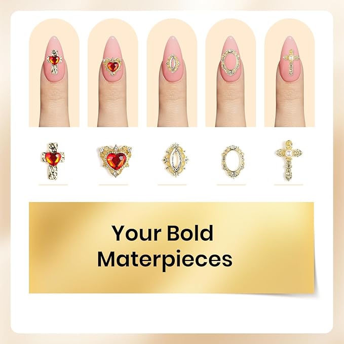 Beetles Gold Nail Charms Set 54PCS Metallic Nail Art Tools Bows Cross Butterfly Heart Pearl and Flowers 3D Nails Charms and Gems for Nails Art Design Gold Metal Manicure Accessories