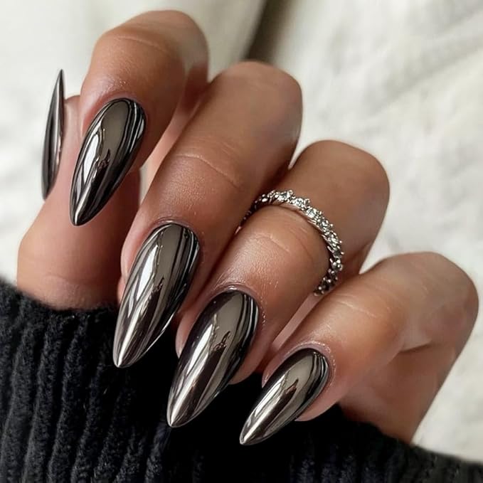 Chrome Press On Nails Almond, Metallic Black Sliver Mirrored Glue on Nails Medium Press Ons, Acrylic Natural Fit Stick on Nails in 12 Sizes - 24Pcs Fake Nail Kit for Women Daily & Party Wear