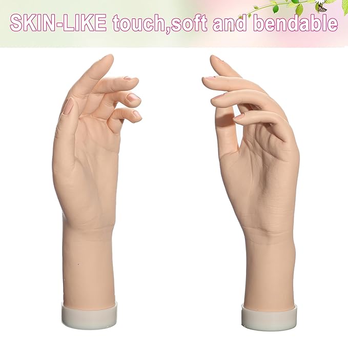 Practice Hand for Acrylic Nails Realistic Mannequin Hand for Nails Practice Soft Flexible Bendable False Fake Nail Hand Art Trainer Manicure Practice Hand Tool and Rings Display of Bracelets (Left)