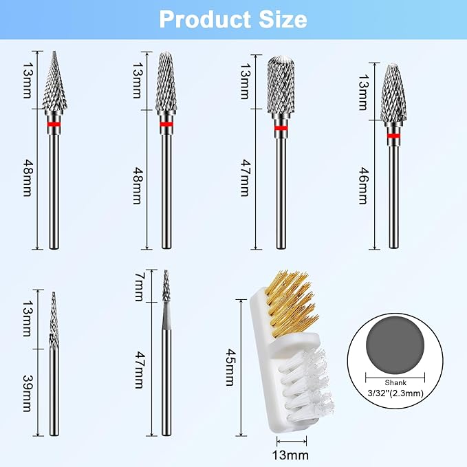 CGBE Nail Drill Bits, 6 Piece Nail Drill Bit Grinding Heads Carbide Machine Accessories for Manicure Remove Acrylic or Hard Gel Polygel, 3/32 Inch Professional Bits for Nail Cutter - Fine