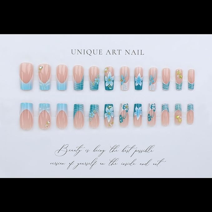 Medium Press on Nails Square Blue Flowers Stick on Nail for Women 24pcs