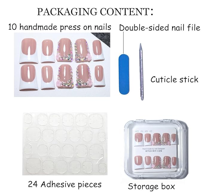 10Pcs Duck-shaped Handmade Press On Nails | French Style with 3D Floral & Rhinestone Decor | Easy to Apply, Remove & Reusable, Salon - Quality (251207, M)