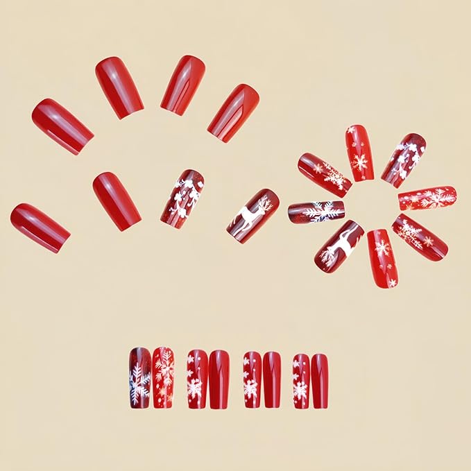 Christmas Press on Nails Medium Square Fake Nails with Snowflake Elk Designs Red Xmas False Nails Winter Stick on Nail for Women 24 Pcs