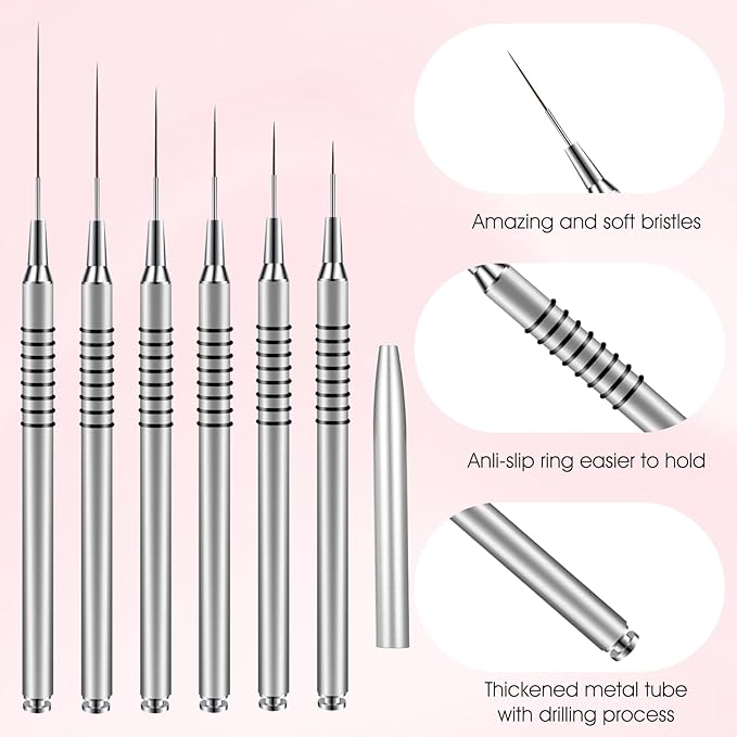 Metallic Nail Art Brushes 6 Pcs Non Slip Liner Brushes Set UV Gel Polish Painting Art Design Pen Silver Color Nail Tools for Long Lines Thin Details Fine Drawing Sizes 5/7/9/11/20/25mm (Silver)