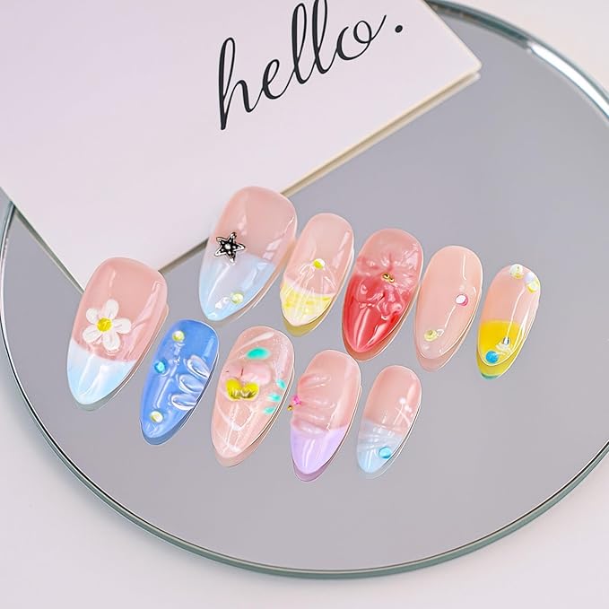 Handmade Flower Press on Nails Blue French Tip Fake Nails with Stars Designs 3D White Flower & Water Ripple False Nail Full Cover Medium Almond Artificial Acrylic Nails for Women（Size S)