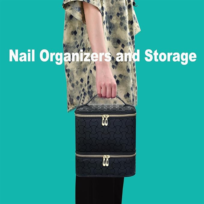 Nail Polish Organizer and Nail Lamp Case, Nail Kit Organizer Holds 30 Bottles (15ml - 0.5 fl.oz) and a Nail Lamp, Nail Polish Carrying Case with Manicure Tools Storage Sections (B-Black)