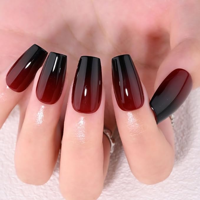Black Dark Red Ombre Glossy Press on Nails Coffin Acrylic Fake Nails Stylish Design, Natural Reusable Nails Kit for Women DIY False Nail Art Decoration Gift, Salon Quality Reusable 15/30 Pcs