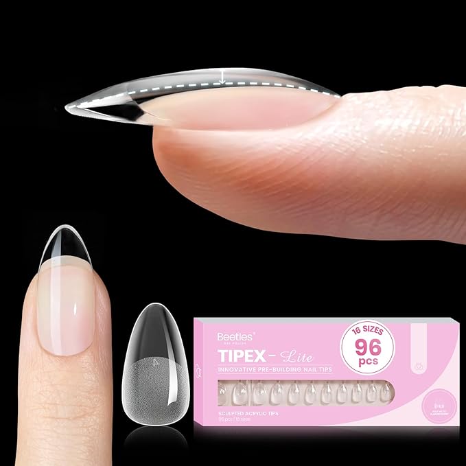 Beetles Tipex Lite Instant Apex Nail Tips, Short Almond, 16 Sizes | 00–14, Built-in Apex Acrylic Tips for Flat & Natural Nail Beds, Beginner-Friendly Easy DIY Nail Extensions