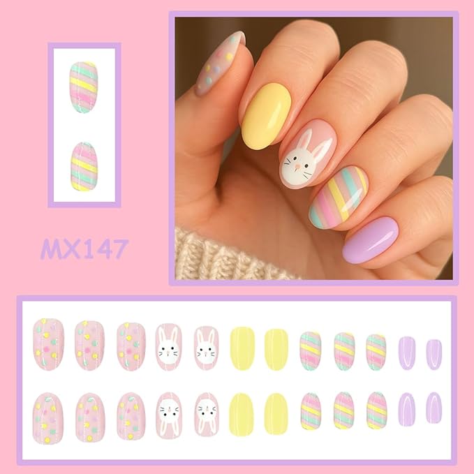 Easter Press on Nails - Medium Oval Fake Nails with Cute Rabbit | Colorful Easter Egg & Polka Dot Designs False Nails Press ons Full Cover Stick on Nails Easter Nails for Women Manicure 24Pcs