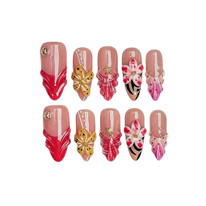 Flower Press on Nails Handmade Long Almond Muti-Layer Gel French Fake Nails 3D Waterdrop Pattern Floral Embossed Design Golden Stars and Hearts False Nails Luxury Acrylic Nail for Women (Size M)