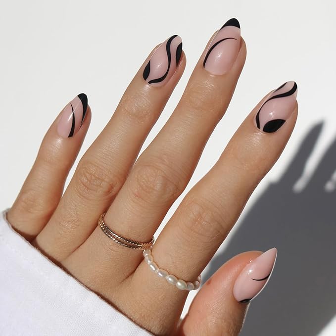 Valentines Day Glamnetic Press On Nails - Ink Wave | Short Almond Fake Nails with a Sheer Base, Black Swirl Designs in a Glossy Finish, Salon Quality | 15 Sizes - 30 Nail Kit with Glue