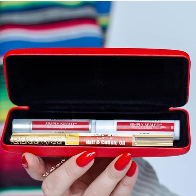 Bliss Kiss Nail Travel Manicure Kit - Great Gift Idea - Easy carry, to-go case to care for your nails, skin, and lips - Hydrating Nail and Cuticle Oil, Lotion Stick, Crystal Nail File, Lip Balm