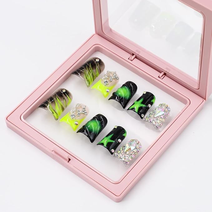 Handmade Press on Nails Medium Duck Nails with Glue,Black and Green Fake Nails with Star Rhinestone Design Reusable Acrylic Nature Stick on Nail Y2K False Nails for Wome (Size M)