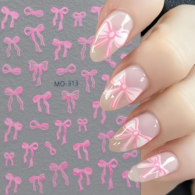 5D Bow Nail Stickers for Nail Art Embossed Self Adhesive Bow Nail Decals Pink White Ribbon Bows Design Cute Nail Art Stickers Lace Bows Nail Supplies for Women Valentines Nail Decorations 3Sheets