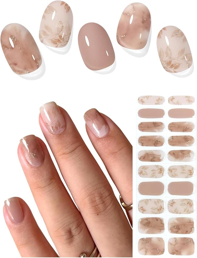 Semi Cured Gel Nail Strips (Taupe Maple Leaf), 20 Pcs Gel Nail Wraps, Stickers, Salon Quality, Works With Any UV Lamps