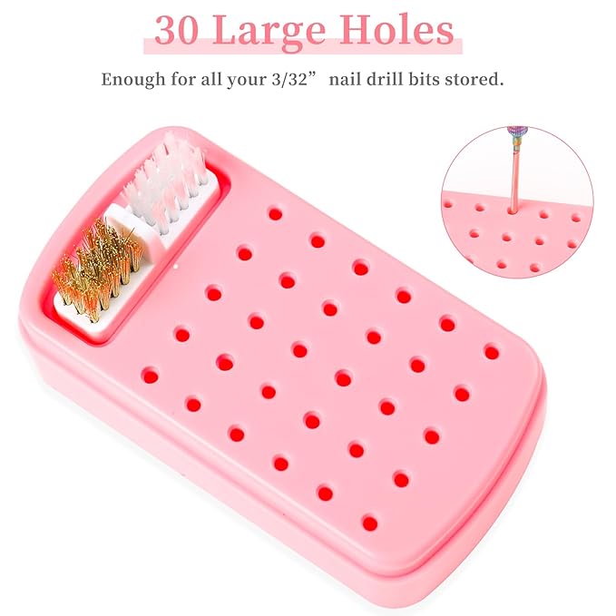 2 in 1 Nail Drill Bits Holder & Cleaning Brush Case, 30 Holes Dustproof Nail Art Drill Bits Stand Display Storage Box and Cleaner Manicure Tools (Pink)