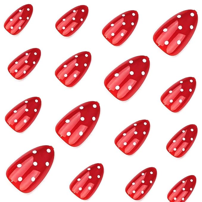 Red Press on Nails Polka Dot Fake Nails Christmas Short Almond False Nails Press ons Reusable Glue on Nails Acrylic Artificial Cute Stick on Nail for Women Nail Manicure 24Pcs