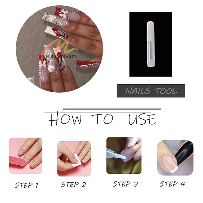 MISUD Press on Nails - Extra Long Square Glue on Nails with Red French Tip, Acrylic Cherry Bow Design 24 pcs