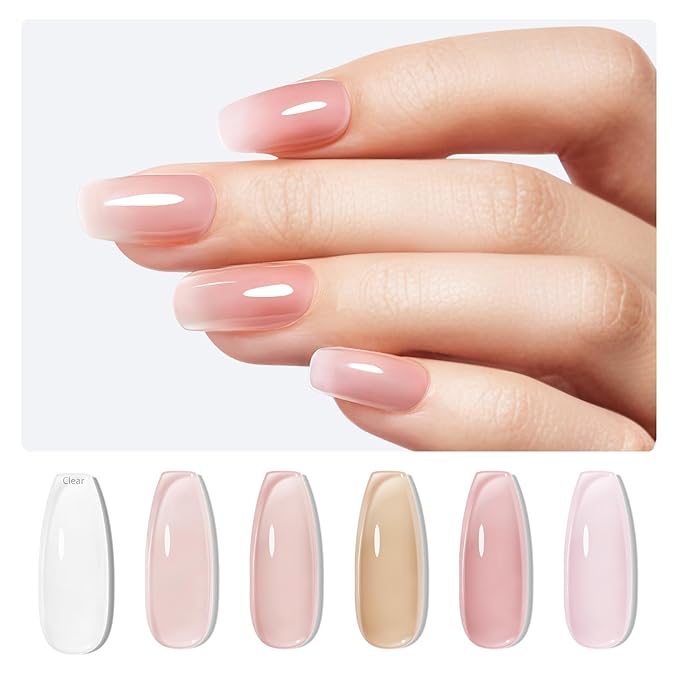 modelones Rubber Base Builder Nail Gel Polish, 6 Color Clear Nude Milky Baby Pink Jelly Brown 6 in One Strengthener Apex Building Extension for Weak Nails Long Last U V French Manicure Gift for Women