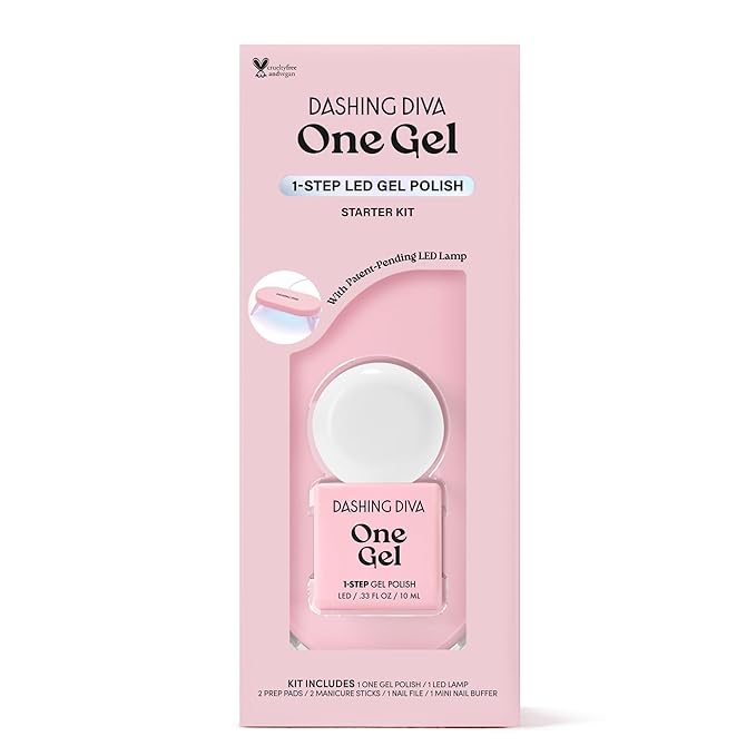 Dashing Diva One Gel Color Starter Kit - Daikon - 3-in-1 Base Coat, White Nail Color & Top Coat - 8-Piece Manicure Set with LED Gel Nail Lamp