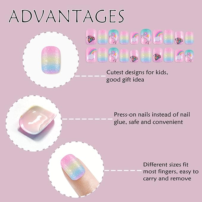 Laza 60pcs Children Nails Press On Pre-glue Full Cover Glitter Diamond Star Rainbow Clouds Short False Nail Kits for Kids Teenager Girls - Pink Green Unicorn