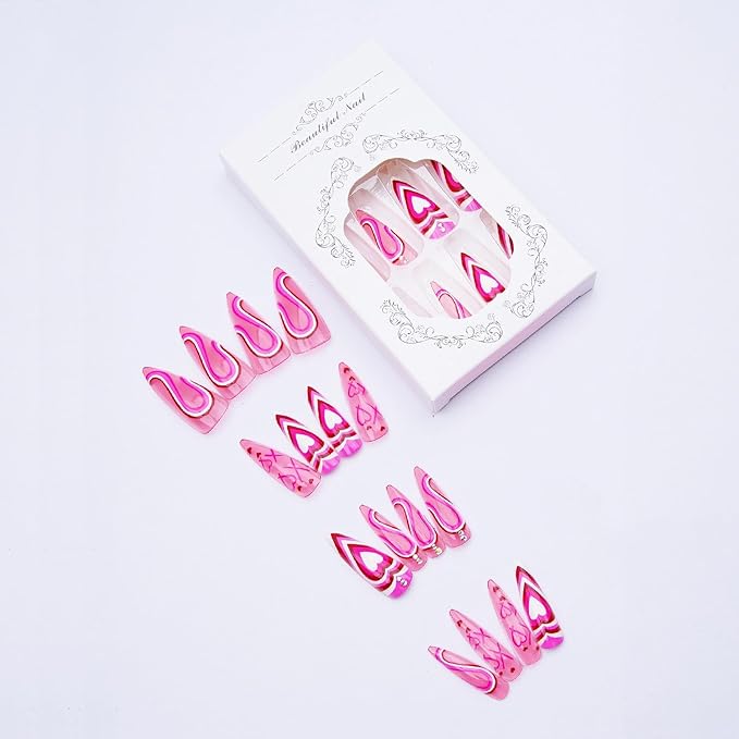 MISUD Press on Nails - Long Stiletto Fake Nails with Hot Pink, Acrylic Valentines Heart Design 24 pcs