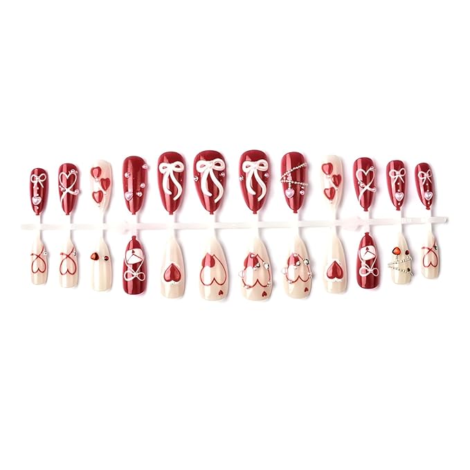 Valentines Fake Nails Medium Almond Press on Nails Red Heart False Nails 3D Bow Nails Press Ons with Pearl Design Gloss Glue on Nail White Red Stick on Nail for Women Decoration Set 24Pcs