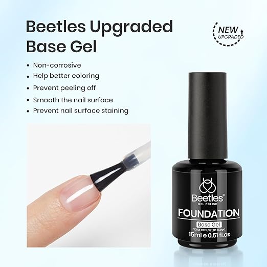 Beetles 15ml No Wipe Gel Base Coat – Base Coat Gel Nail Polish Long-Lasting UV LED Soak Off Manicure, Strong Adhesion Low Odor Toxin-Free for Natural & Artificial Nails, Salon & DIY Use