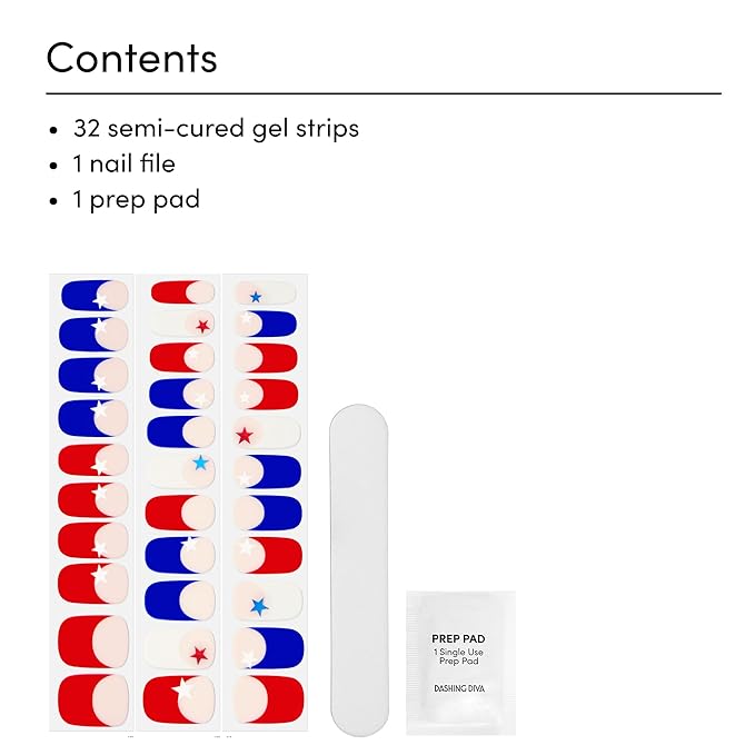 Dashing Diva Patriotic Gloss Nail Strips - All American - UV Free, Chip Resistant, Long Lasting Gel Nail Stickers - 3-Piece Manicure Set - Contains 32 Wraps, 1 Prep Pad, 1 File
