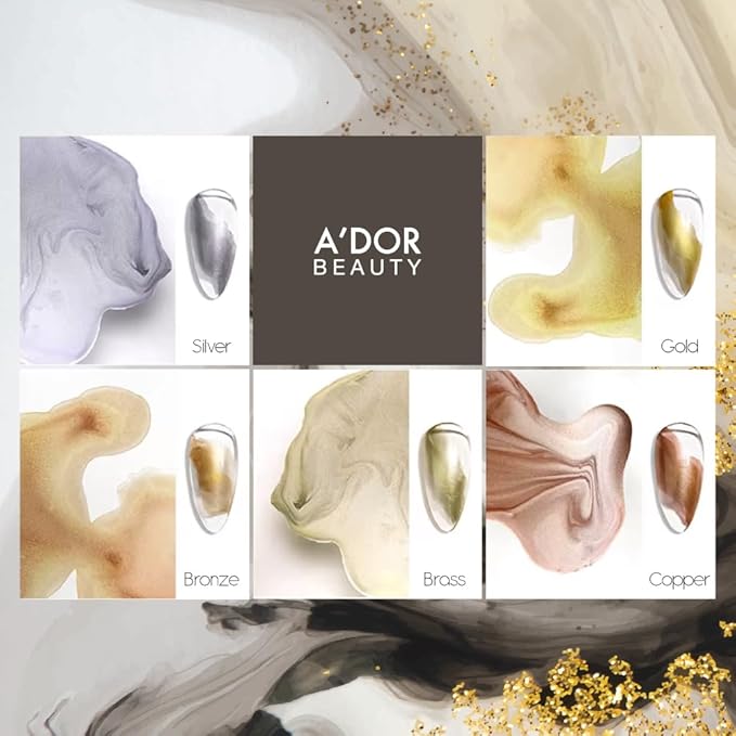 A'DOR BEAUTY Marble Ink for Nails Set - 12 Watercolors & 5 Metallic Shades, Blooming Gel Magic Nail Polish, Nail Art Supplies for Marbling, Veining & Abstract Nail Design - Metallic Marble Copper