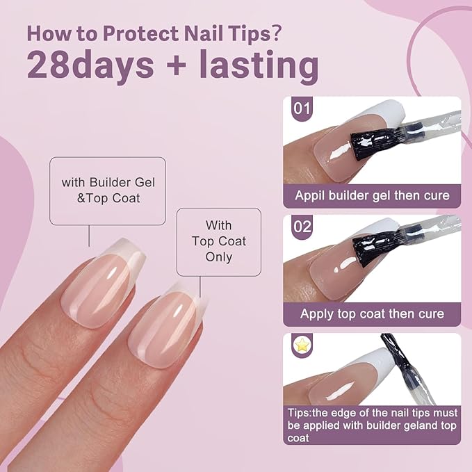 Long Coffin French Tip Press on Nails - 300Pcs Pre-applied Tip Primer, Natural Nude Pink Fake Nails Extensions, White French Nail Tips, Gel Nail Kit for Women Girls DIY