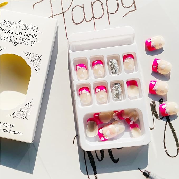 24Pcs Valentines Press on Nails French Tip Short Square Fake Nails with Heart False Nails Rose Pink Nail Tips Acrylic Nails Silver Glitter Valentines Glue on Nails for Women DIY Manicure Design