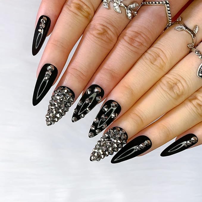 Morily 24pcs Fake Nails Black with Rhinestones Luxury Pure Color Medium Long Stiletto Almond Press on Nail False Tips Artificial Finger Manicure for Women (Glossy Crystal)
