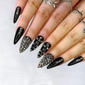 Morily 24pcs Fake Nails Black with Rhinestones Luxury Pure Color Medium Long Stiletto Almond Press on Nail False Tips Artificial Finger Manicure for Women (Glossy Crystal)
