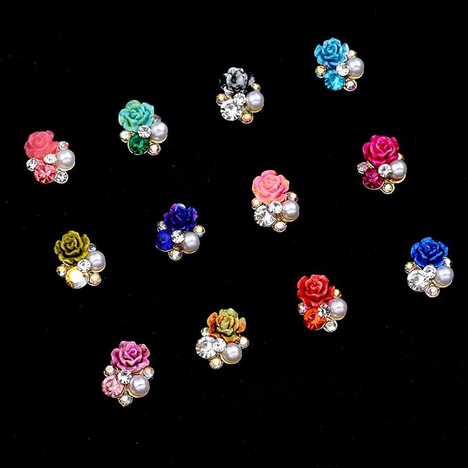120PCS Y2K Nail Rhinestones Flowers - 3D Flower Nail Charms with Rhinestone, 12 Colors Floral Nail Jewelry Decor Accessories for Nails/Phone/Craft (Gold, Gift Ready)