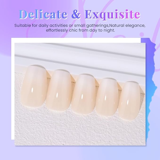 Khaki White Ombre Glossy Press on Nails Coffin Acrylic Fake Nails Stylish Design, Natural Reusable Nails Kit for Women DIY False Nail Art Decoration Gift, Salon Quality Reusable 15/30 Pcs