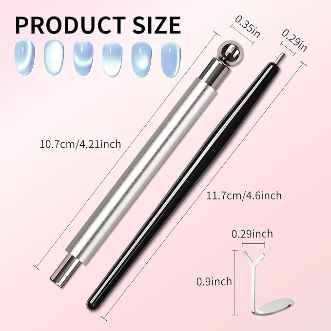 4-Piece Cat Eye Magnet Set – Silver Dual-Ended Nail Magnet With Round Bead, Heart Nail Magnets for Nail Art, and Black Magnetic Bead-Pickup Pen, Magnet for Cat Eye Gel Polish DIY Nail Designs