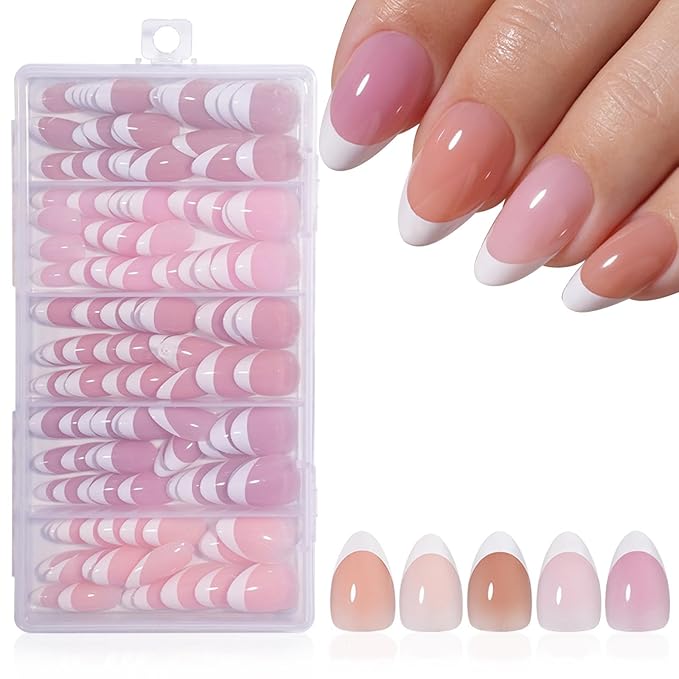 160Pcs French Tip Press on Nails Short Almond Fake Nails Glossy Acrylic False Nails Soft Gel Artificial Nails Glue on Nail for Women Girls Manicure Nail Decoration 5 Packs