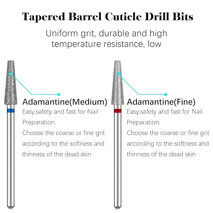 Nail Drill Bits, Cuticle Drill Bit for Nails, Tapered Shape Cuticle Drill Bits with Storage Case,3/32 Shank Efile Bits for Nail Prep and Manicure Pedicure Tools (Fine&Medium)