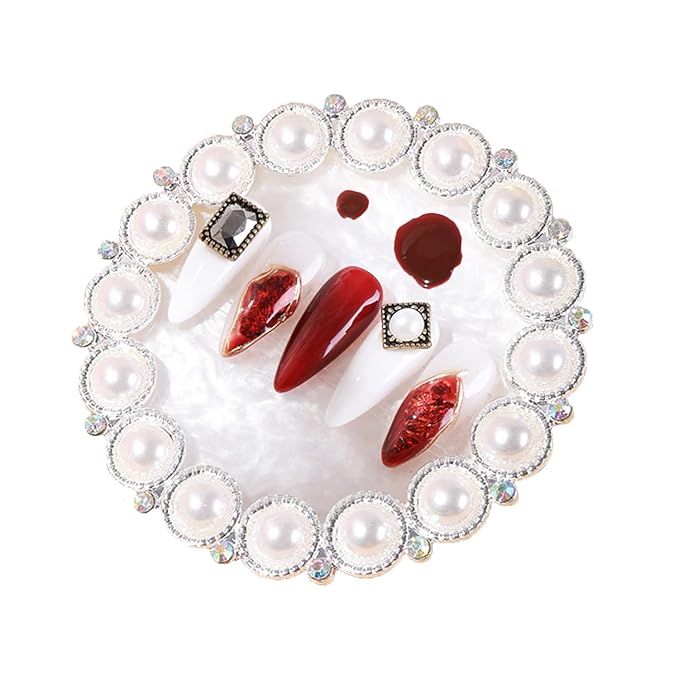 Gel Nail Palette CXUEMH Vintage Resin Nail Art Palette with Pearls, Rhinestones Edge Nail Color Mixer Nail Holder for Painting Nails Nail Art Display Polish Holder Manicure Tool (white (Pearls))