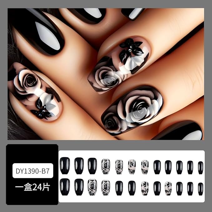 Press on Nails Black Rose Fake Nail Coffin Shaped False Nails with Gradient Design Medium Coffin Stick on Nail Glossy Acrylic Nails Black Press on Nails Artificial Reusable Nails for Women 24Pcs