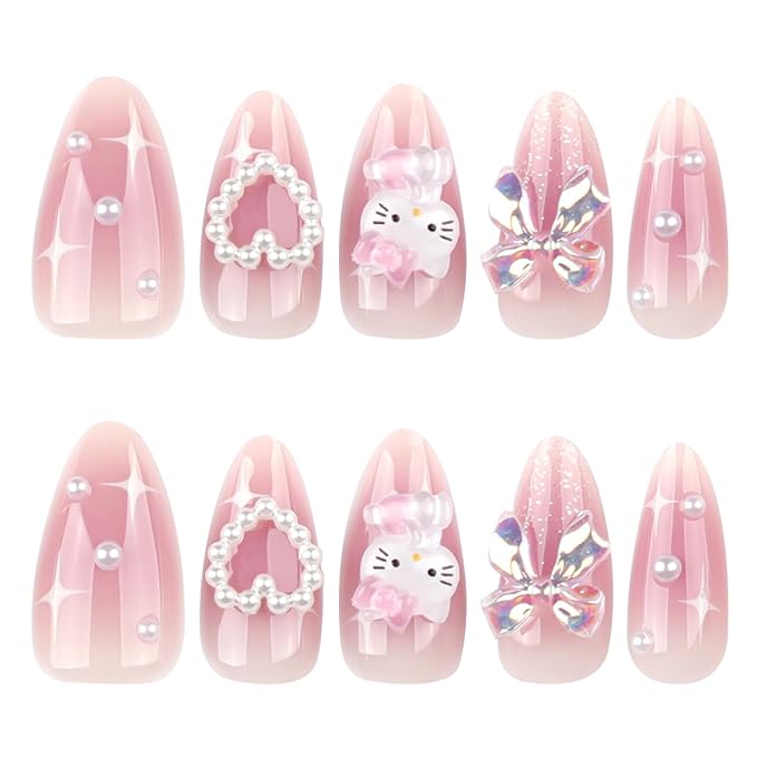 24Pcs Pink Press on Nails Medium Almond Fake Nails Charms Pearl Design French Nails 3D Bow Heart False Nails Tips Cute Star Stick on Nails Full Cover Artificial Acrylic Nails for Women Decor