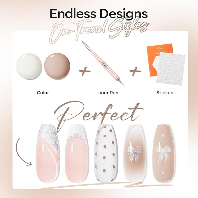 modelones Gel Nail Polish, 6 Colors Milky White Nude Beige Jelly Shimmer Gel Polish Set with Stickers & Liner Brush for DIY French Nails Polka Dot Nails Soak Off Nail Art Kit Manicure Salon