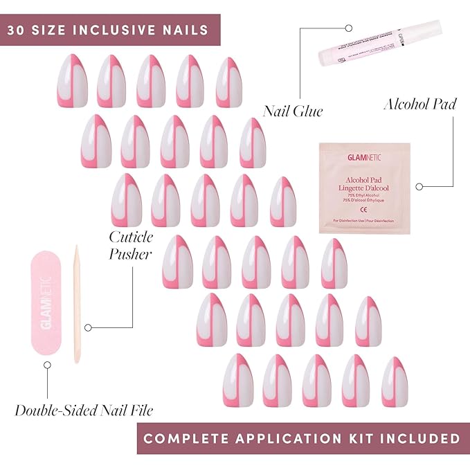 Valentines Day Glamnetic Press On Nails - Better Half | Glossy, Semi-Transparent Short Almond Nails with Pink Accents, Salon Quality | 15 Sizes - 30 Nail Kit with Glue